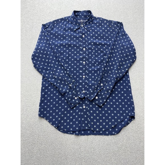 Ralph Lauren Shirt Womens 8 Blue Polka Dot 100% Silk Button Up Long Sleeve - Picture 4 of 14